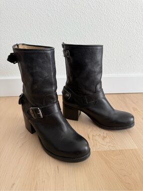 Frye Buckle Leather Short Moto Boots